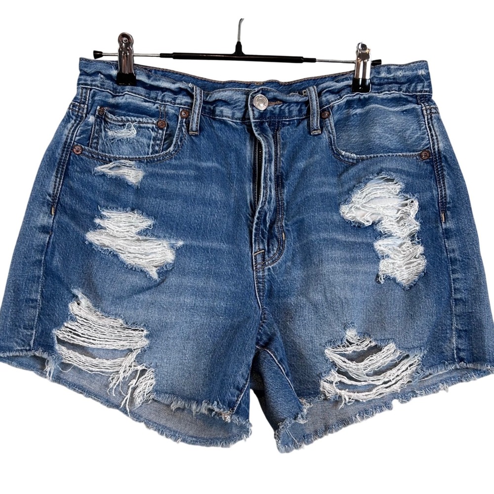 American Eagle Womens Distressed‎ Denim Shorts Blue High Rise Raw Hem Size 8 Y2K